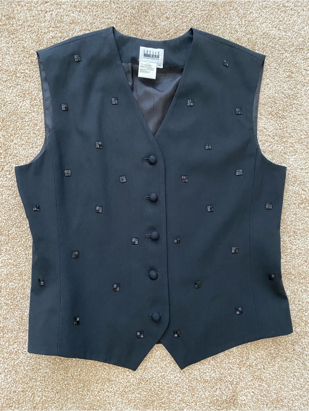 VTG Leslie Fay Black Beaded Button Front Vest